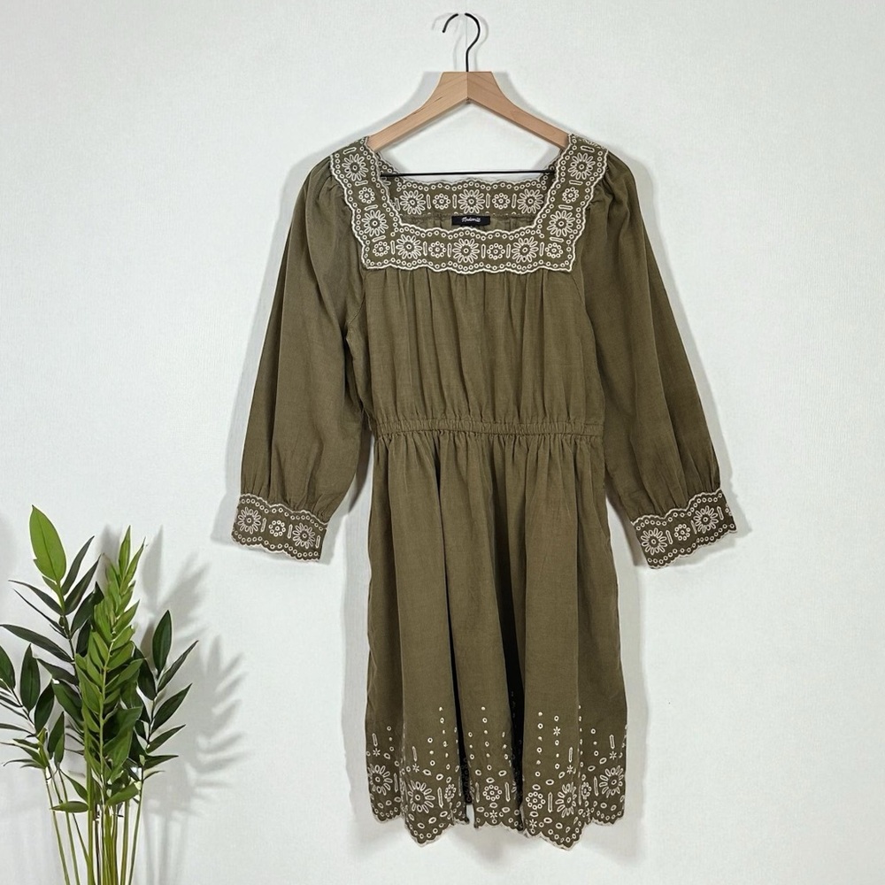 Madewell Women’s Green Cotton Embroidered Square Neck Mini Dress Size S - Picture 2 of 12